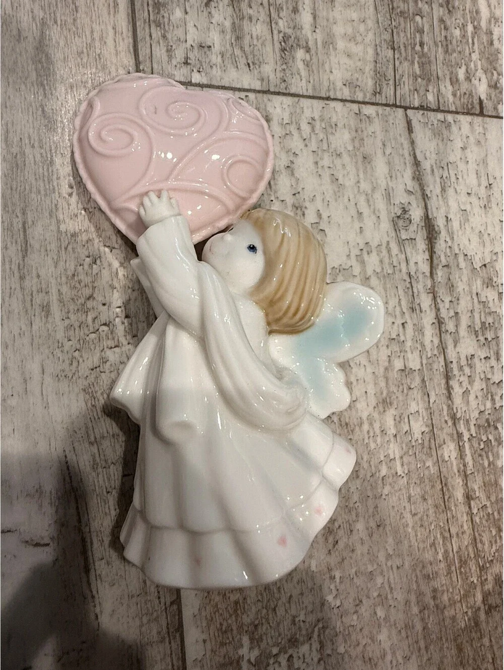 Ceramic Christmas Angel Cherub Holding Pink Heart Figurine